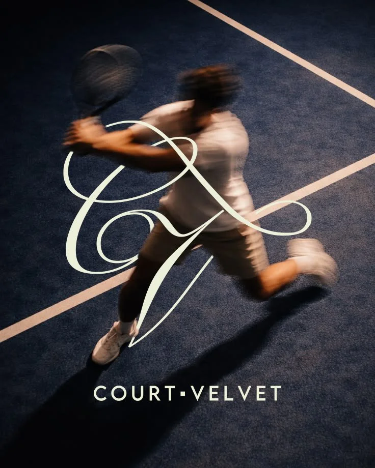 A person playing tennis on a dark blue court, holding a racquet, with the text 'Court Velvet' and a stylized cursive logo overlaying the image.