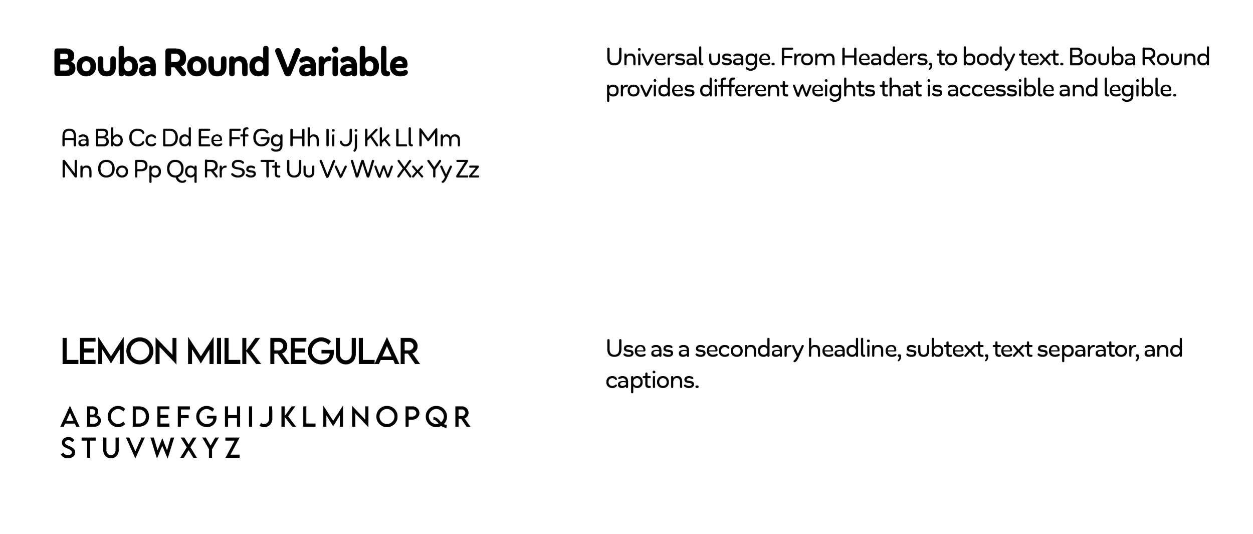 Text describing different fonts and uses for the Bouba Round Variable font, including alphabet characters in different styles, universal usability notes, and examples of secondary headlines and captions.