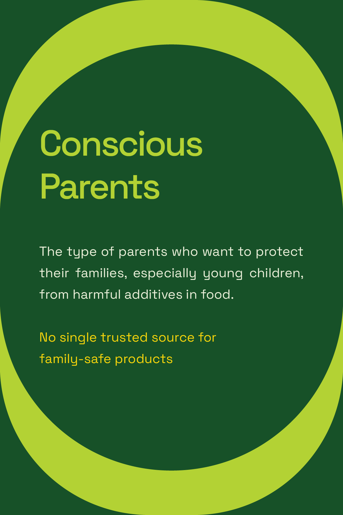 Green and yellow infographic card about conscious parents, emphasizing protecting families and avoiding harmful additives in food, with the title 'Conscious Parents'.