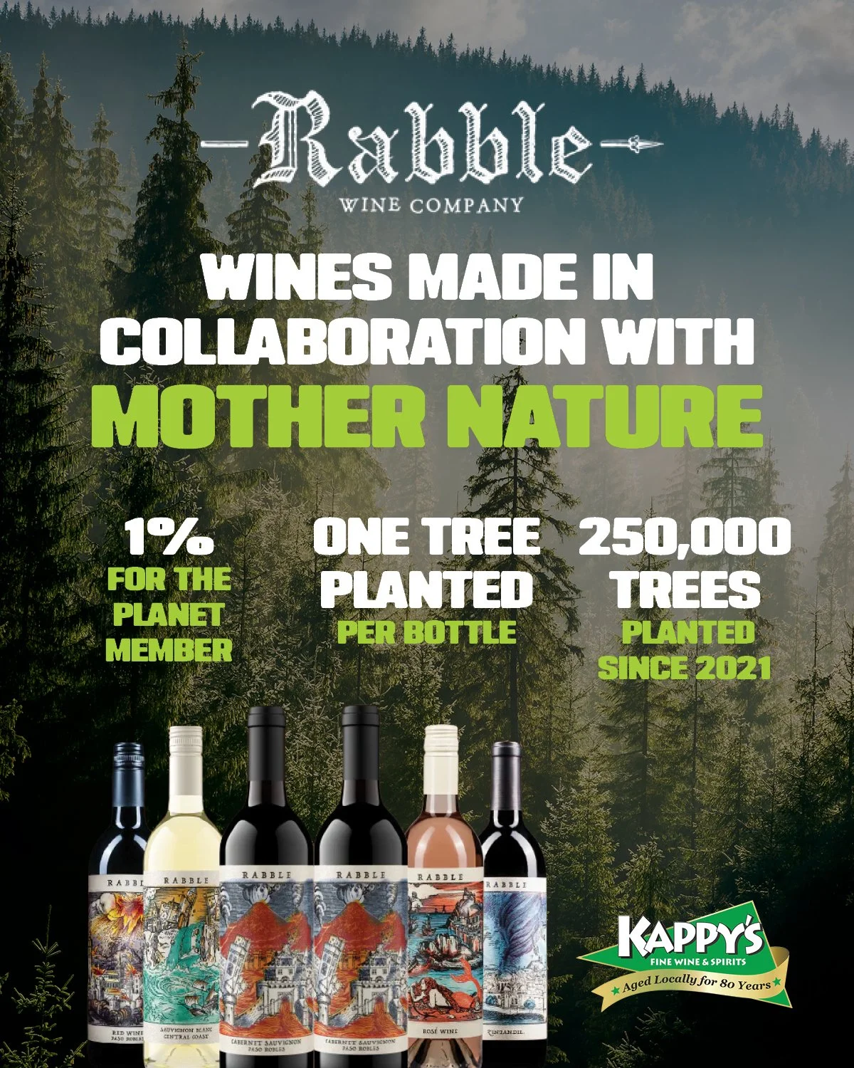 A promotional poster for Rabble Wine Company featuring bottles of wine with forest background. Highlights include that one tree is planted for each bottle, totaling 250,000 trees since 2021, and that 1% of proceeds go to the planet. The poster emphasizes collaboration with Mother Nature.