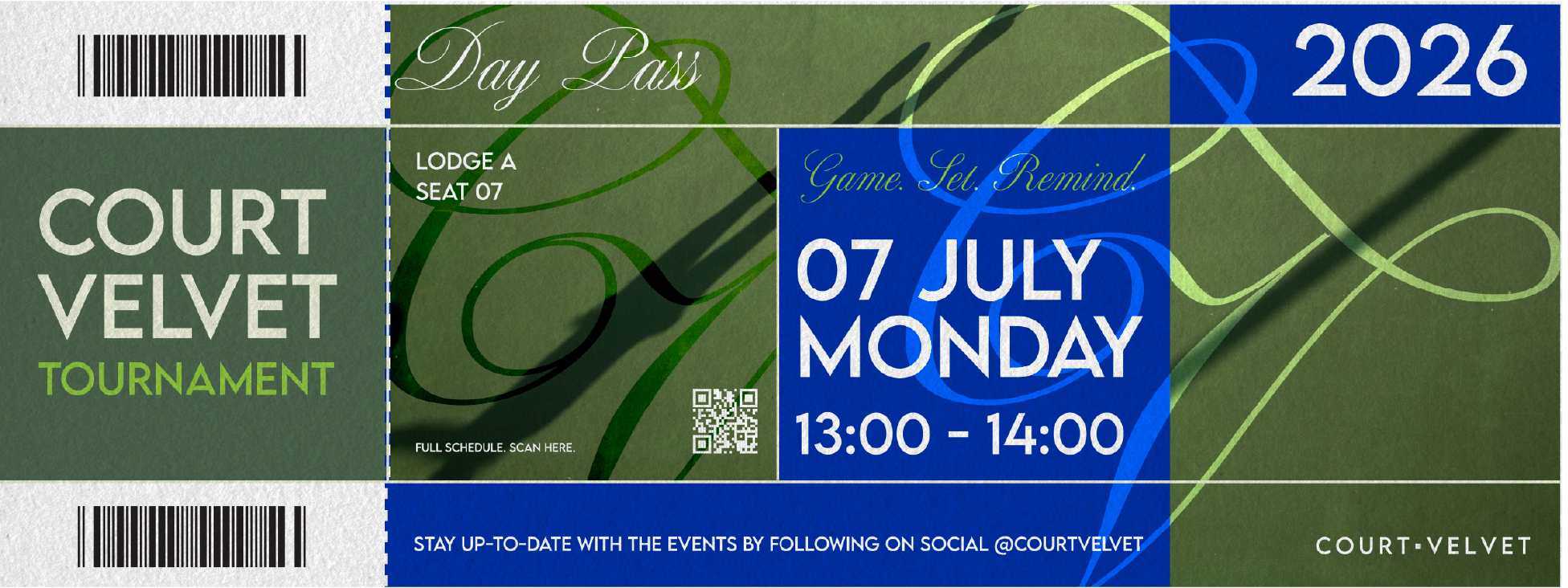 Green and blue tennis tournament ticket for Court Velvet, dated July 7, 2026, for a match from 1:00 PM to 2:00 PM, at Lodge A, Seat 07, with a QR code and barcodes.