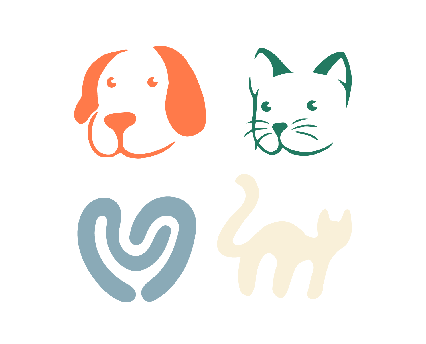 Stylized line drawings of a dog, a cat, a heart, and a dog, each in different colors against a white background.