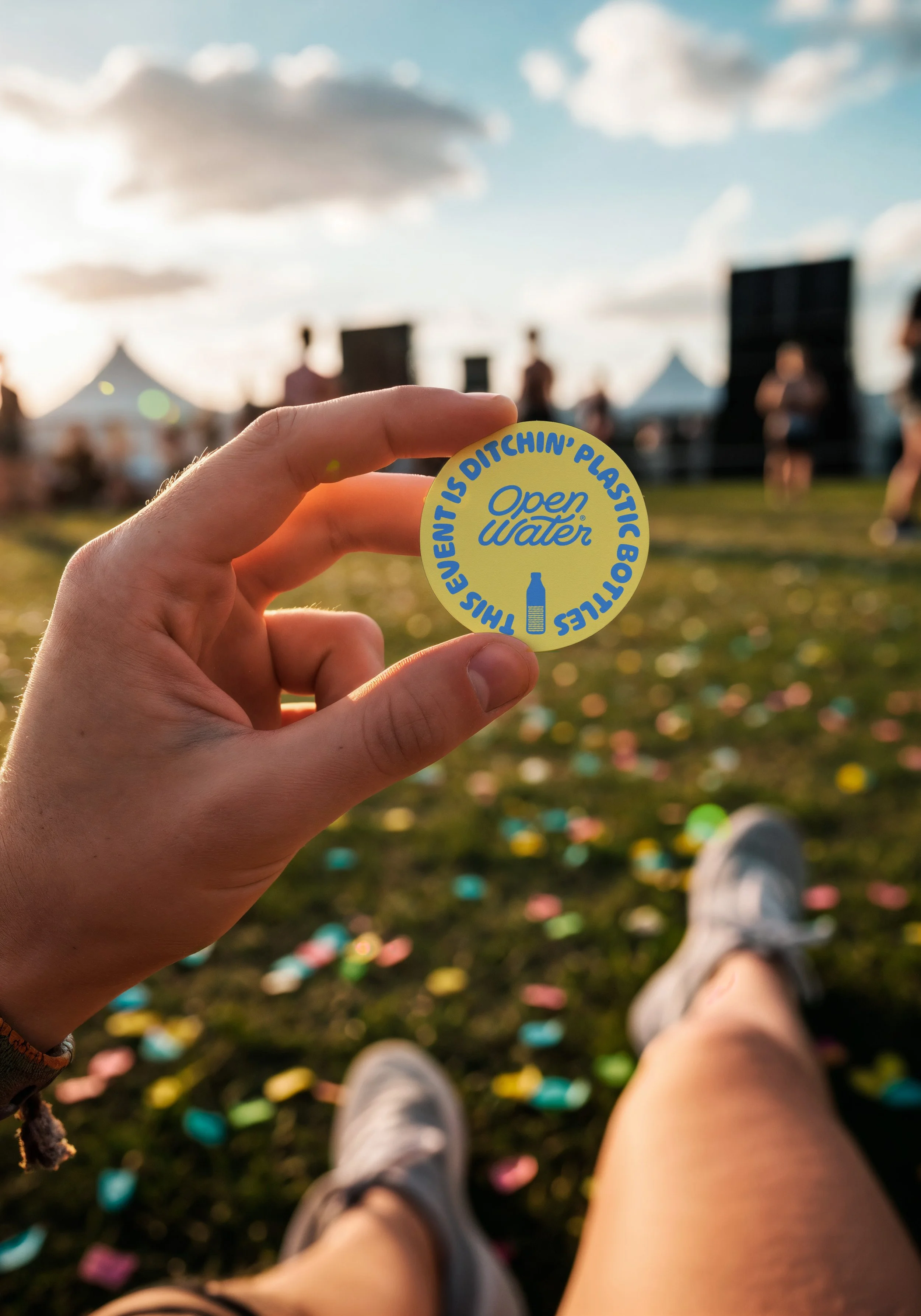 Person holding a yellow sticker that says 'That's Ditchin' Plastic Bottles' with the Open Water logo, at an outdoor event during sunset with tents and people in the background.