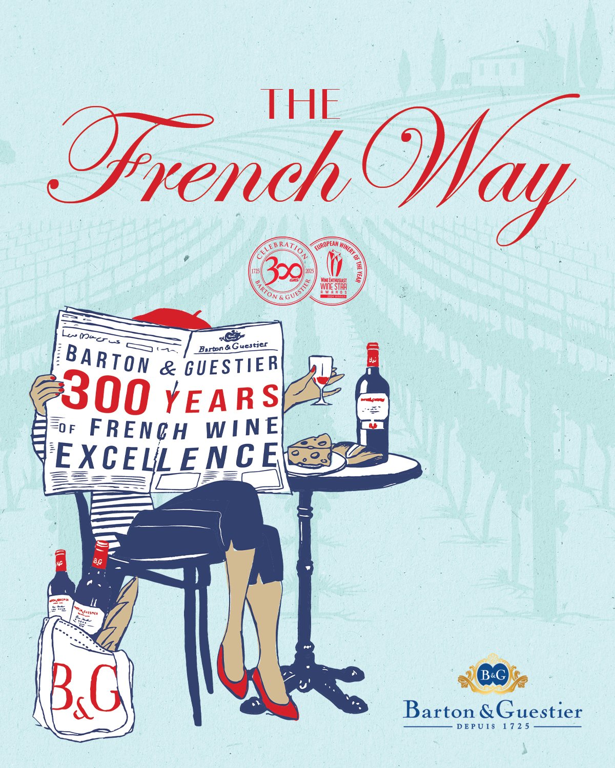 Illustration celebrating 300 years of Barton & Guestier French wine, showing a woman reading a newspaper with a wine glass and cheese, a bottle of wine, and shopping bags.