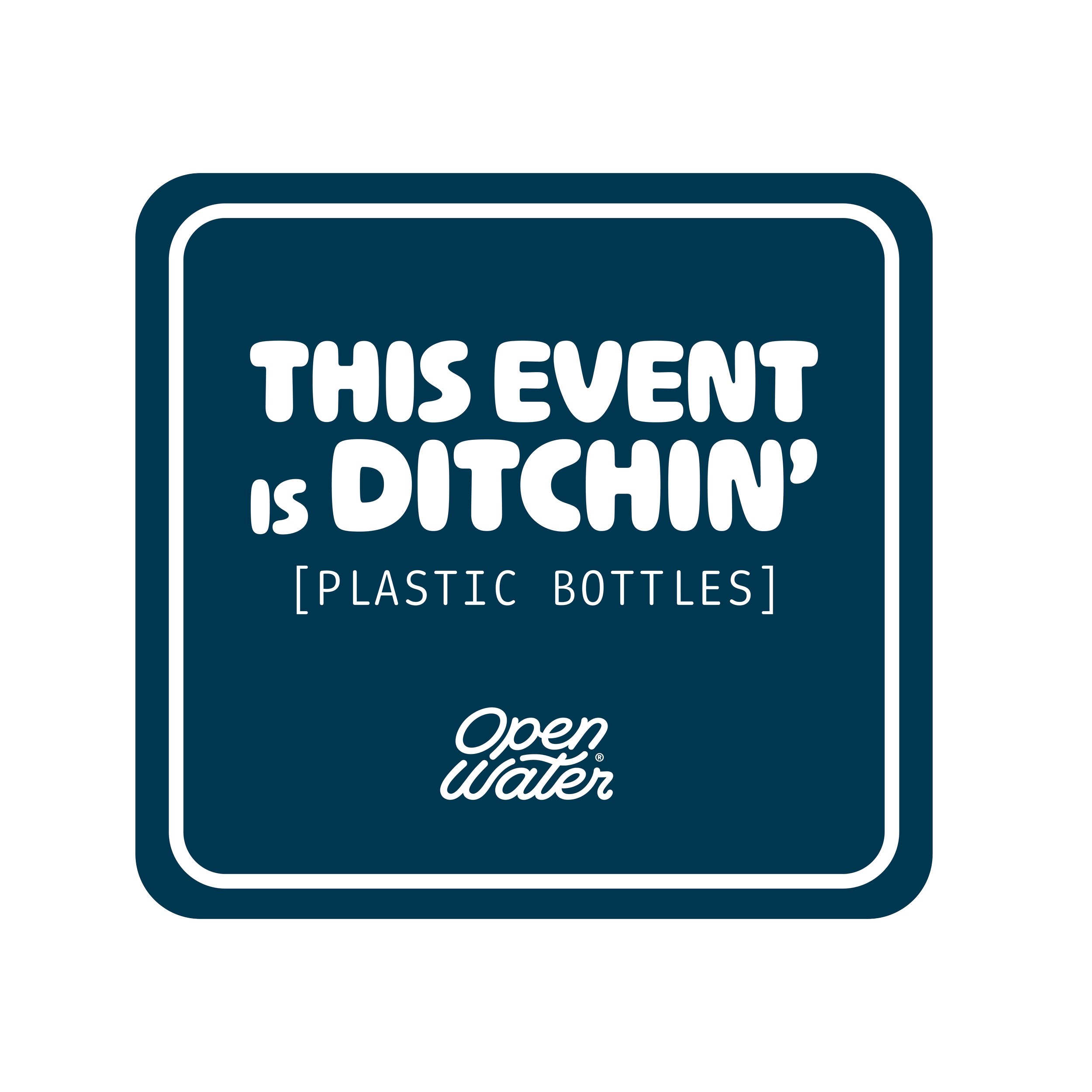 Sign with text 'This event is ditching plastic bottles. Open water' in white font on a dark blue background.