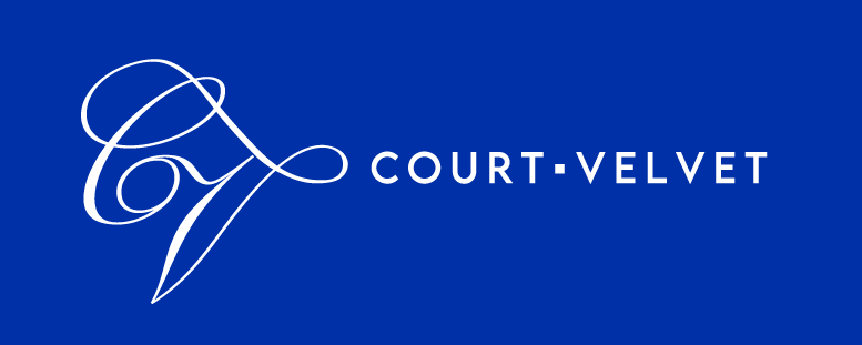Logo for Court Velvet with a stylized letter 'C' and 'V' in white on a blue background