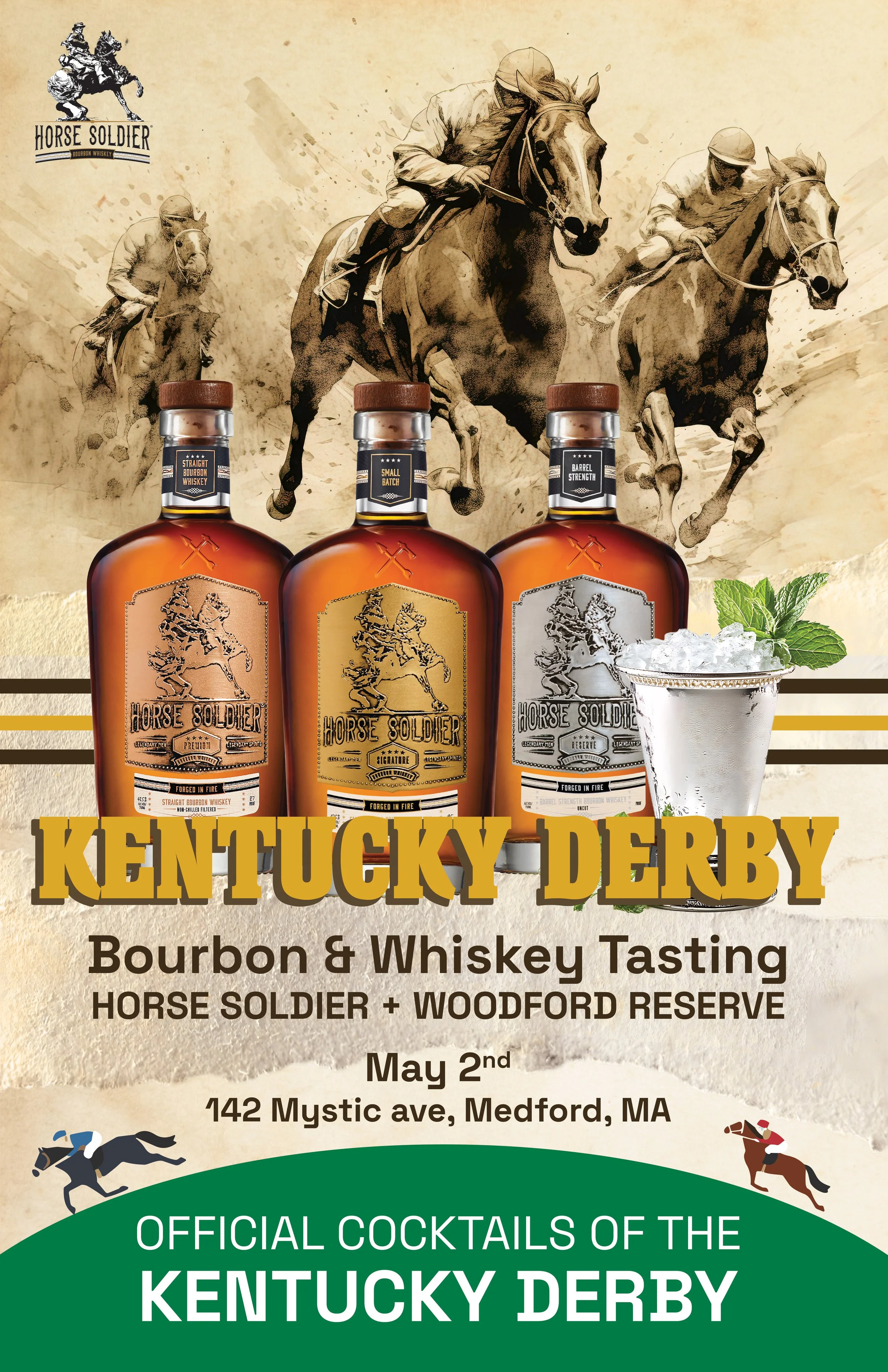 Poster advertising a Kentucky Derby bourbon and whiskey tasting event with a background illustration of racehorses and bottles of Horse Soldier bourbon in front.