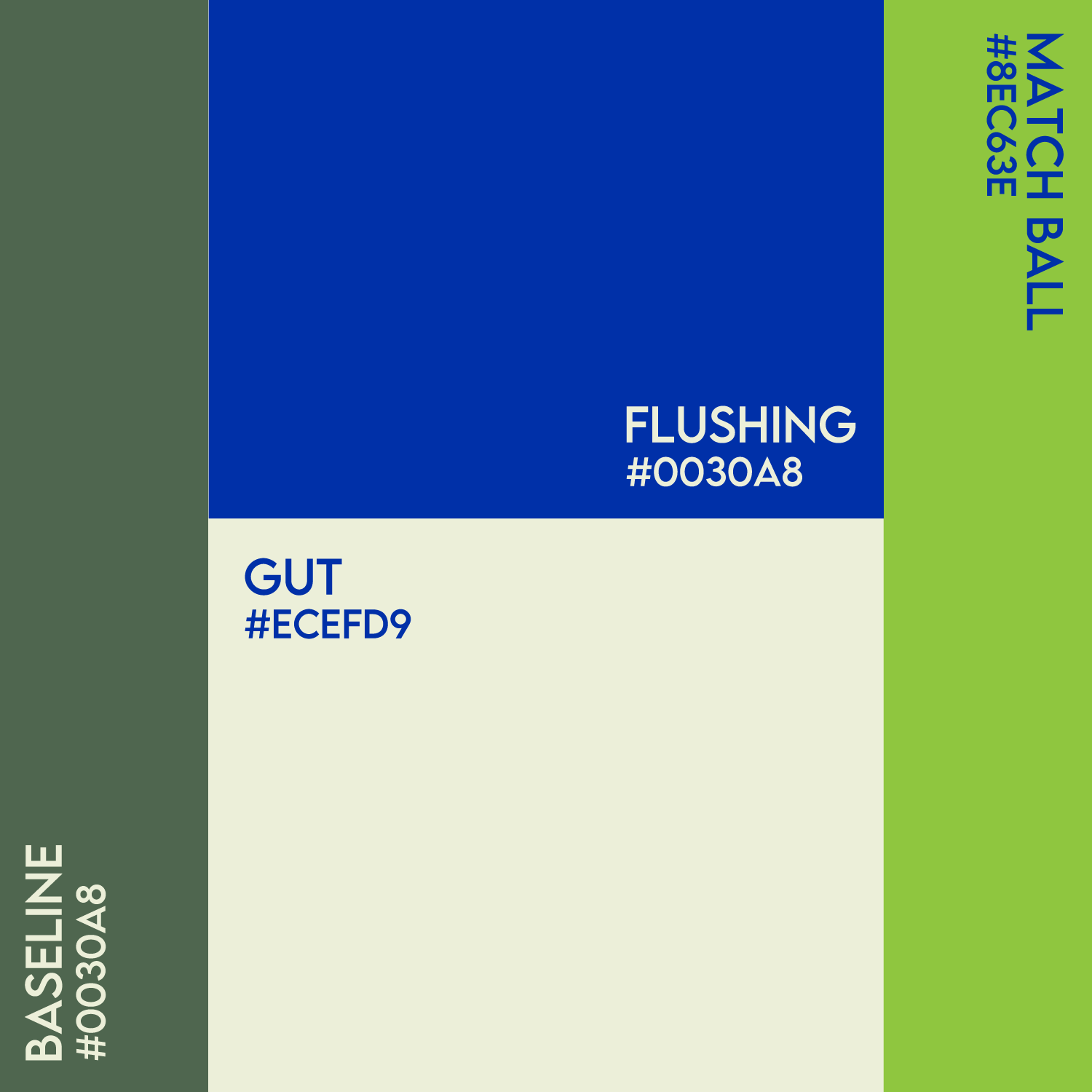 Color palette with three color swatches labeled GUT, FLUSHING, and BASELINE, each with their respective hex code.