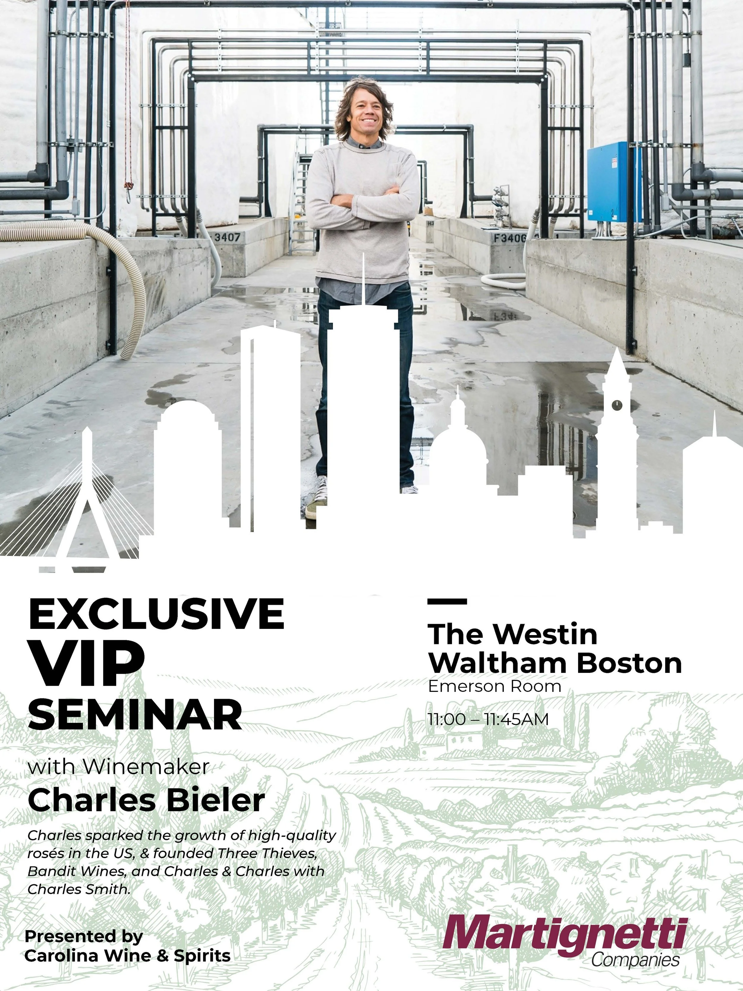 A Informative poster for Charles Bieler, a winemaker holding a seminar.