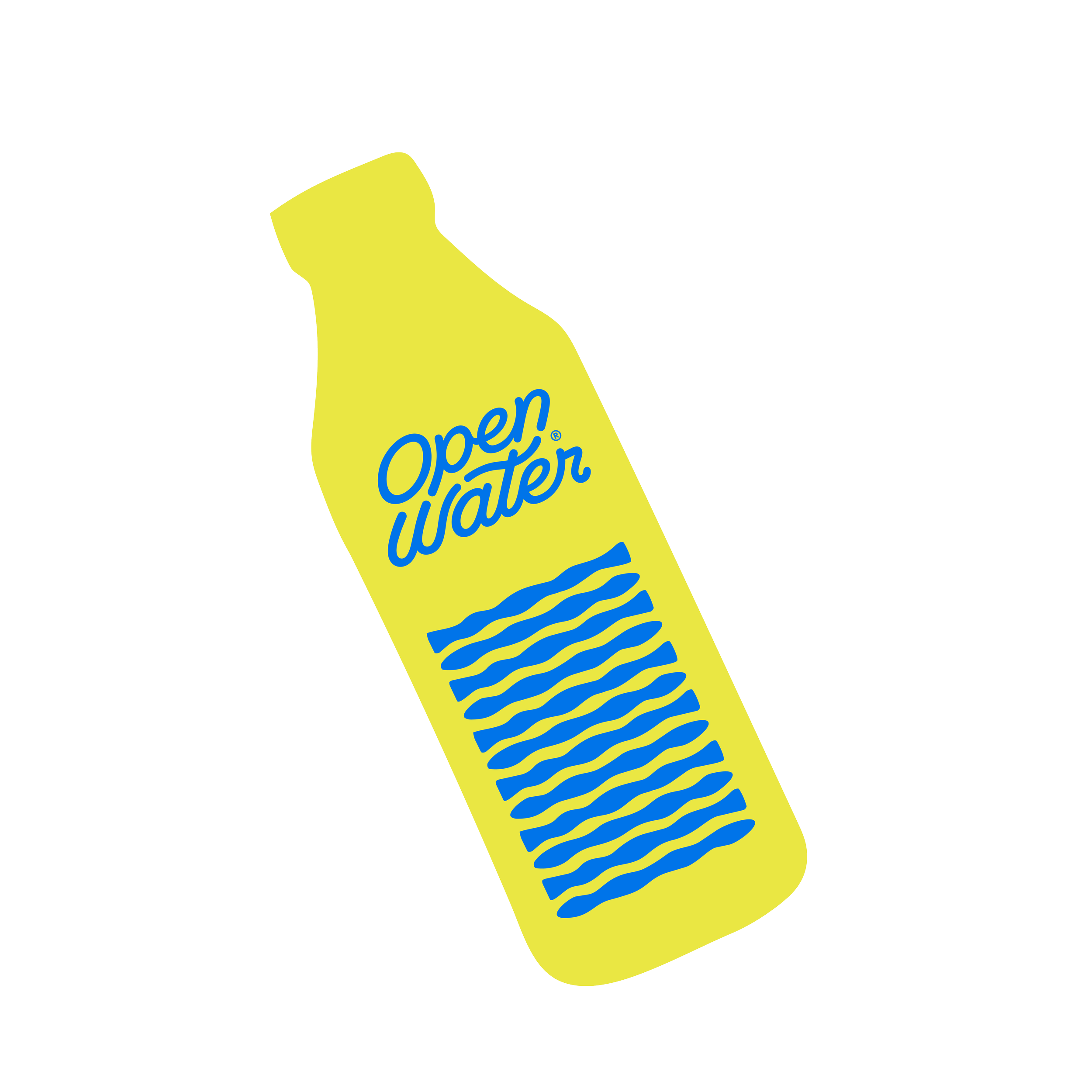 Yellow bottle labeled 'Open, Water' with blue stripes on the lower part.