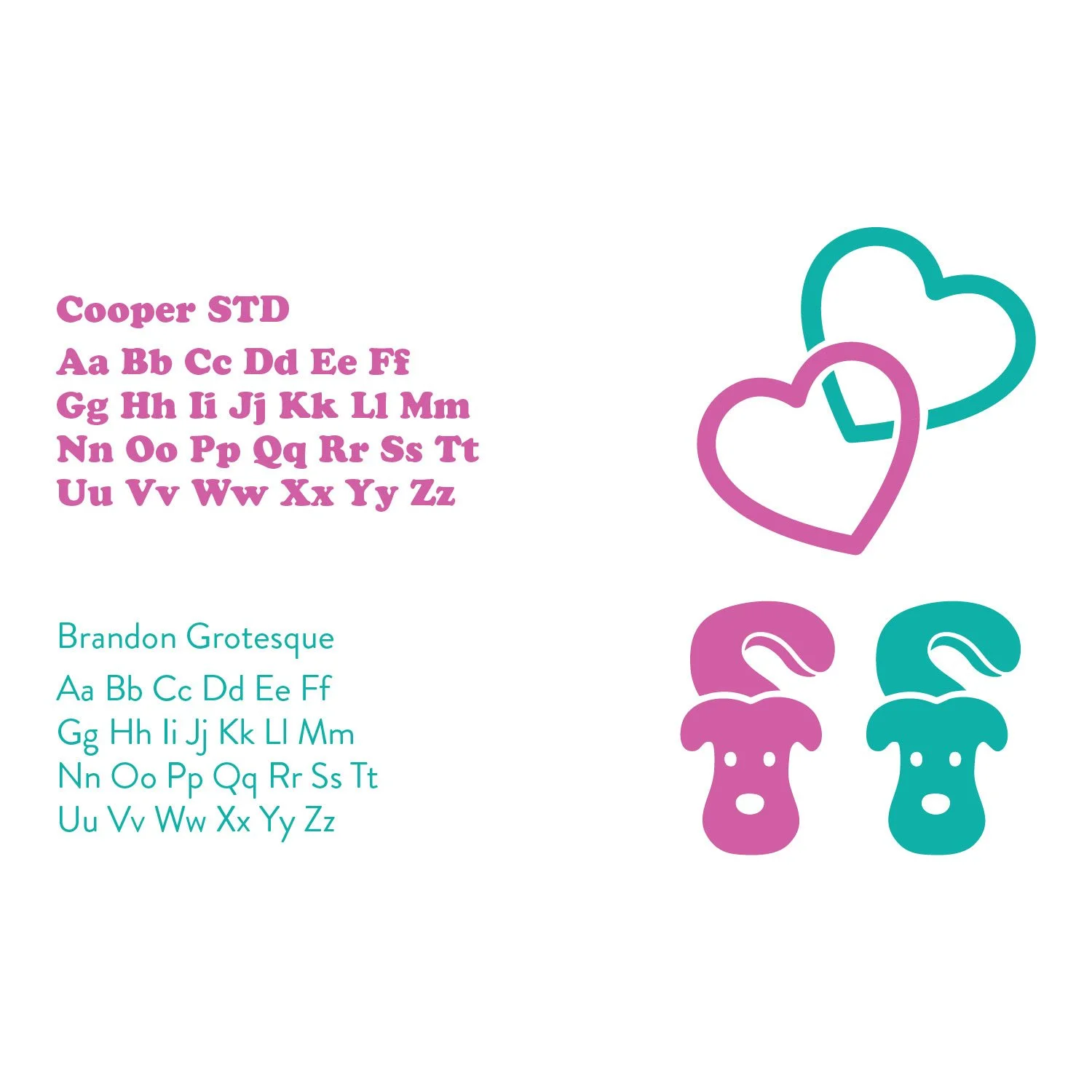 An eye chart displaying the Cooper and Brandon Grotesque fonts, with decorative hearts and mushrooms.