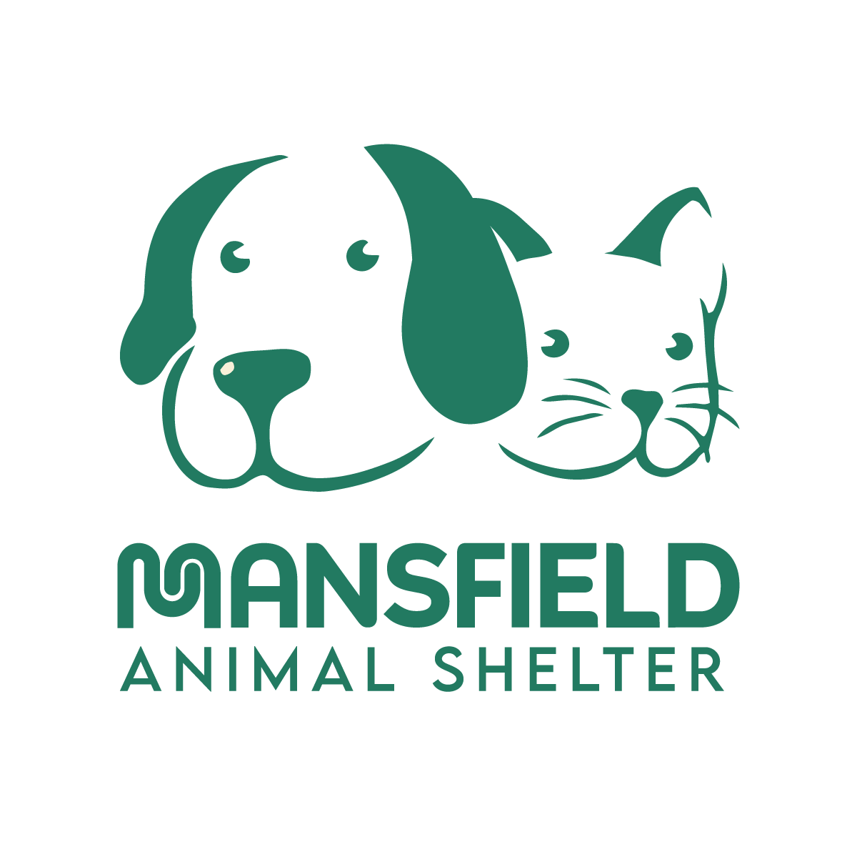 Logo of Mansfield Animal Shelter featuring a stylized drawing of a dog's and a cat's face above the shelter's name.
