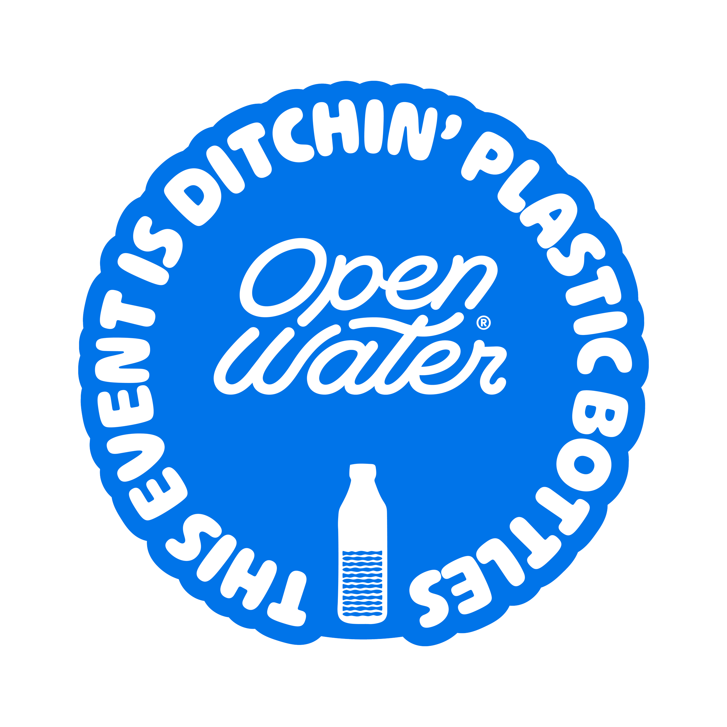 A blue circular sticker with white text that says 'We're Open!'