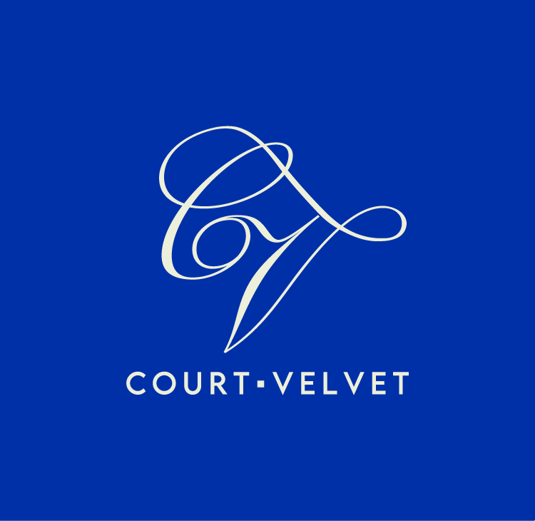 Logo with an elegant cursive letter 'C' and the text 'COURT VELVET' below on a blue background.