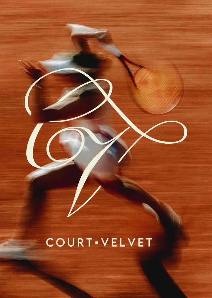 A blurred image of a tennis player falling on a clay court with a tennis racket nearby, overlaid with elegant white script and the text 'Court Velvet'.
