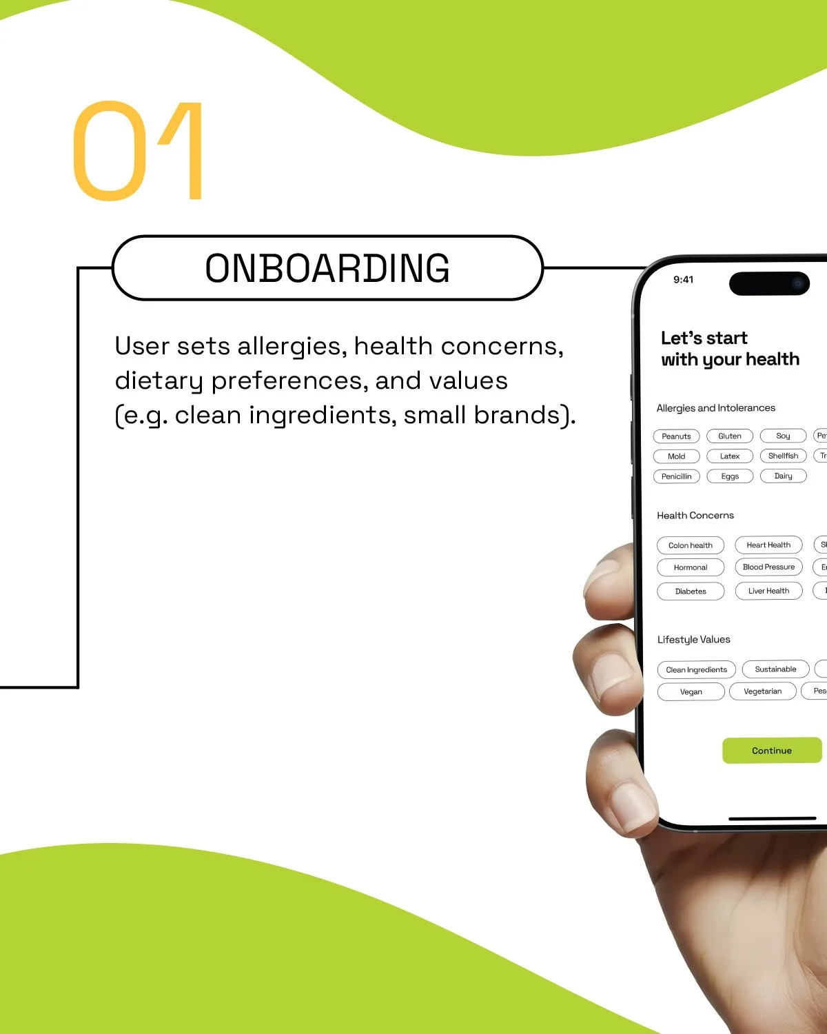 A hand holding a smartphone displaying health survey options for allergies, health concerns, and lifestyle values, with a 'Continue' button at the bottom.