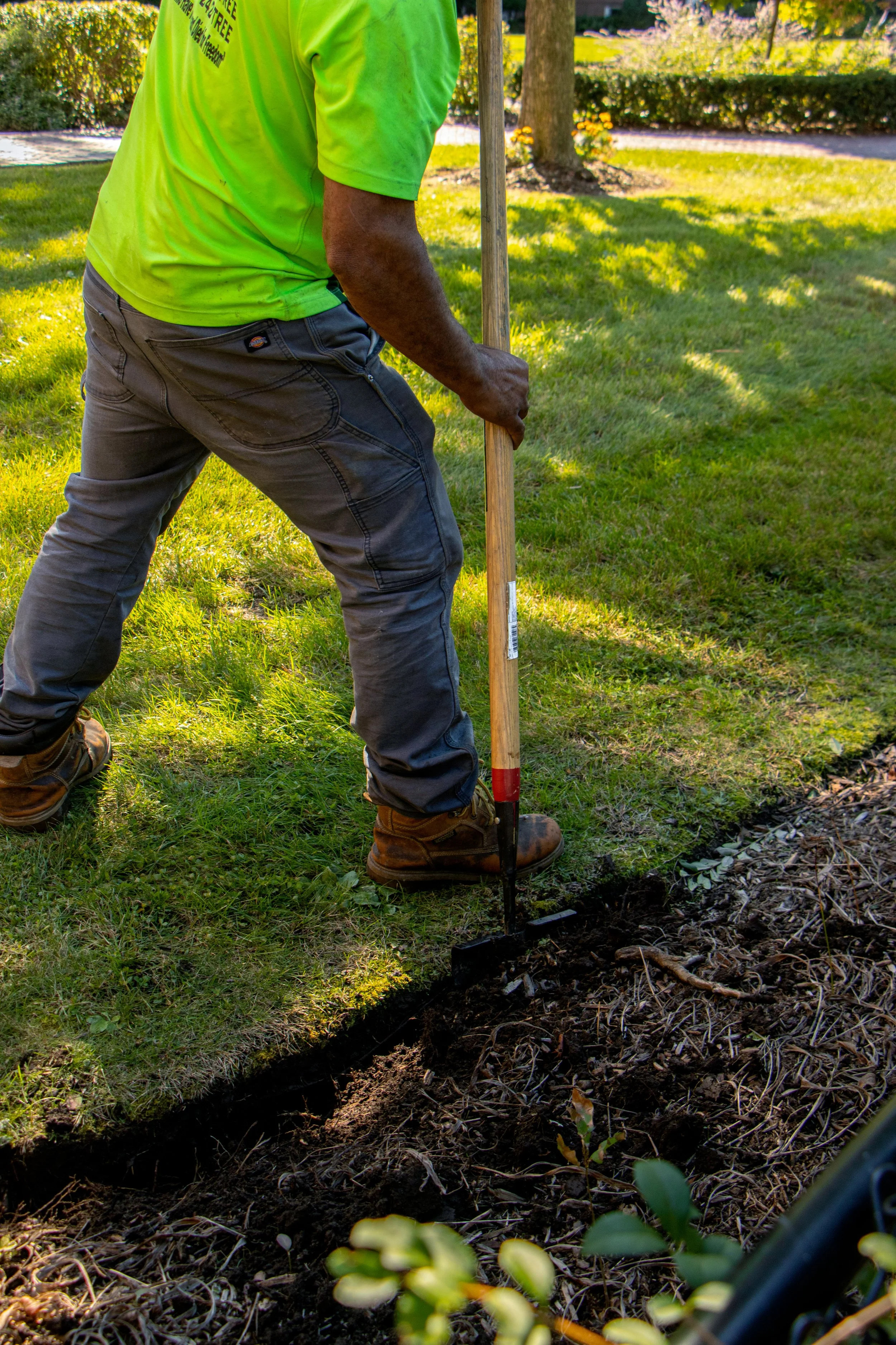 A person wearing a bright green shirt and dark work pants is using a tool to dig a trench in a grassy area outdoors.