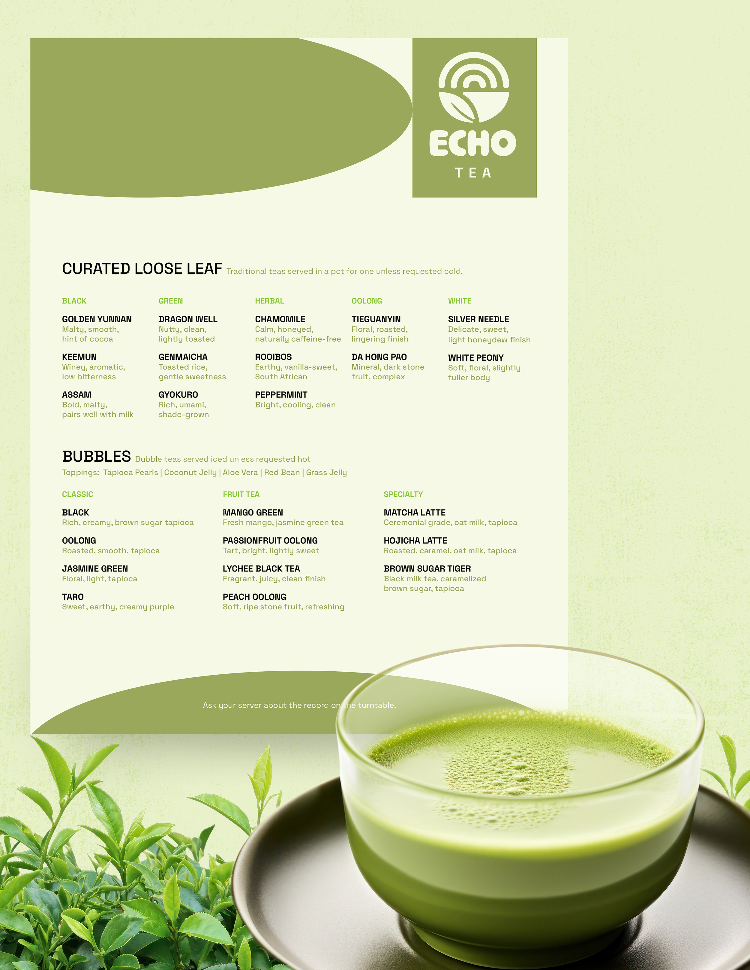 Image shows a close-up of a green tea menu listing various flavored teas and bubbles with a background of green leaves and a glass of green tea.