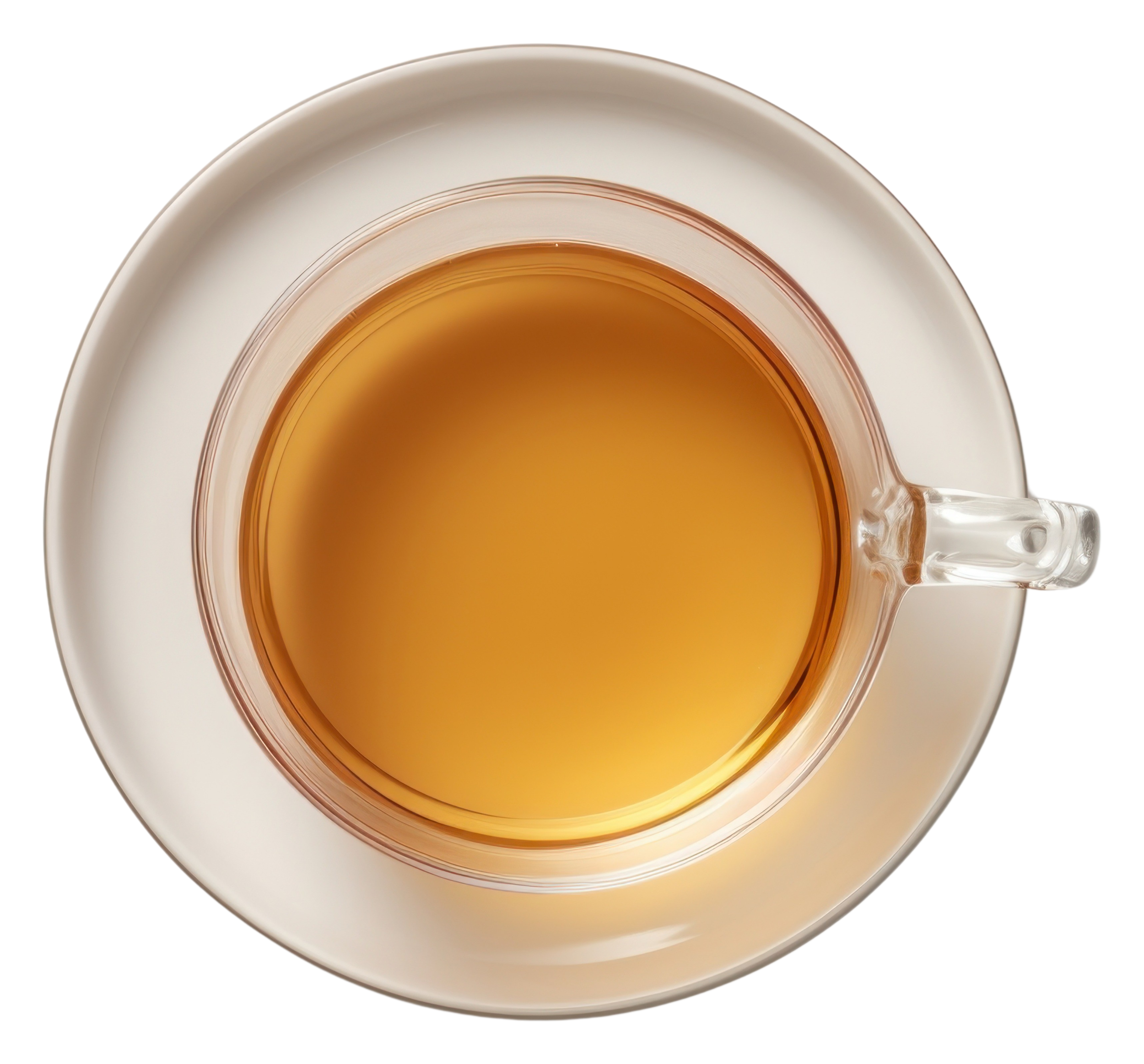 Top-down view of a white ceramic cup filled with hot tea, placed on a matching saucer.