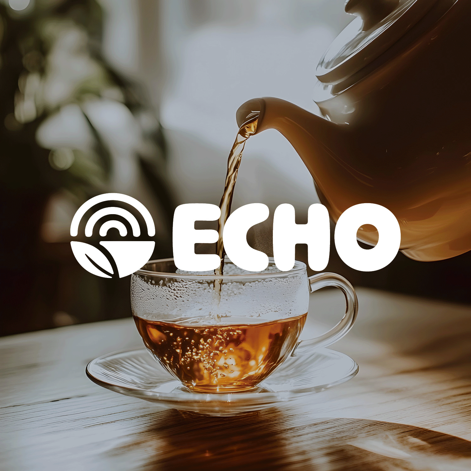A teapot pouring tea into a glass cup on a saucer, with the text 'ECHO' and a logo featuring a leaf and Wi-Fi signal icon superimposed on the image.