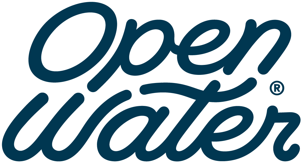 Logo with the words "Open Water" in blue, stylized script