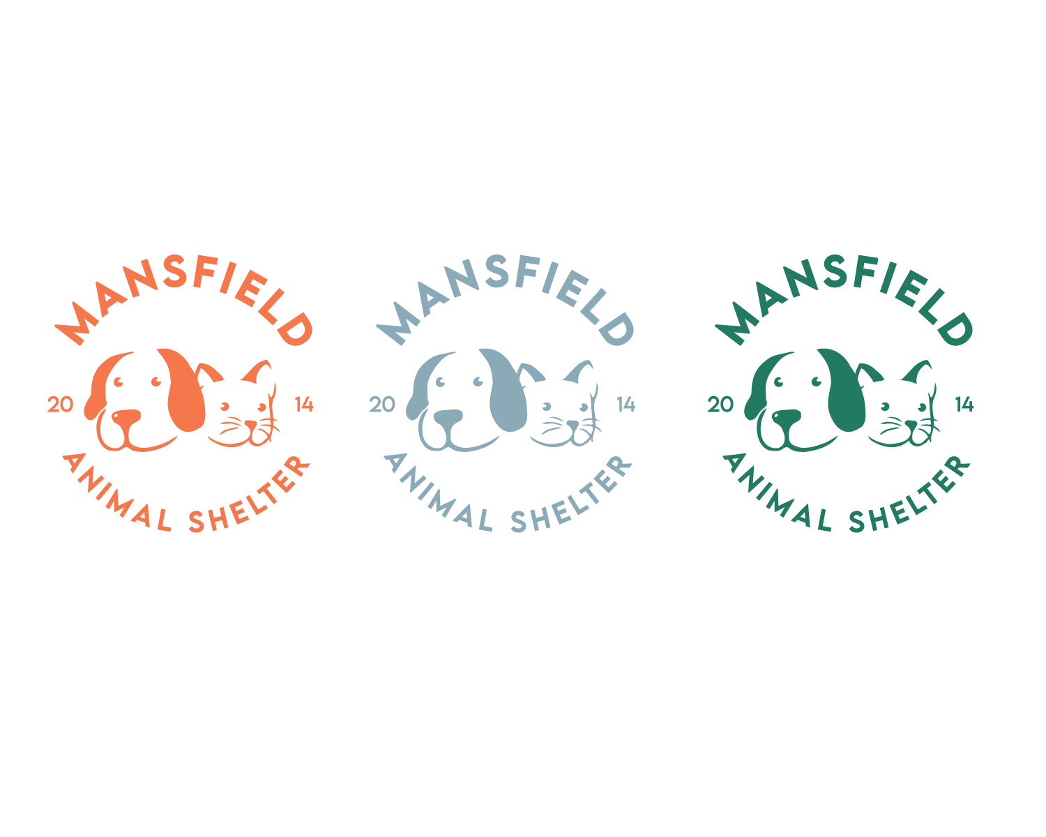 Three circular logos for Mansfield Animal Shelter in orange, blue, and green, each featuring a dog and cat illustration with the shelter's name and '2014' year.