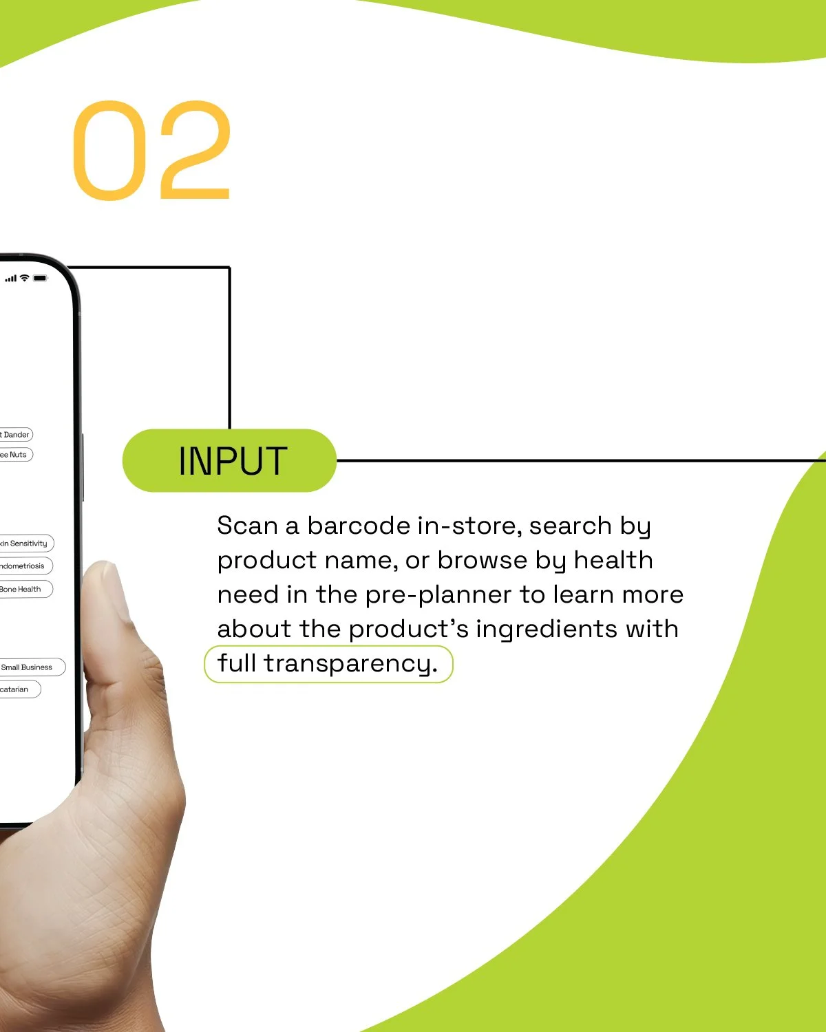 Instructions for scanning a barcode or searching a product in a health app with full transparency.