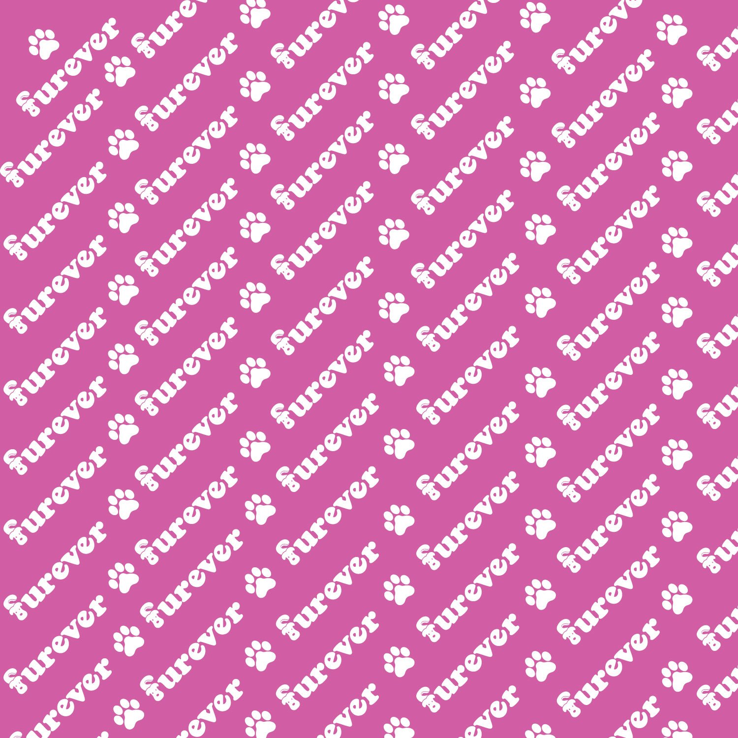 Pink background with the word 'furever' written repeatedly in white cursive, interspersed with white paw prints.