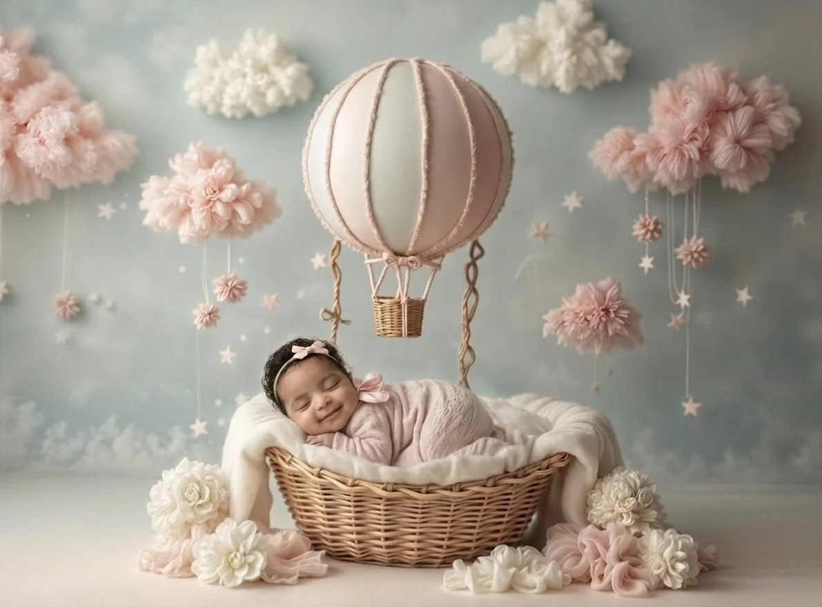 A sleeping baby girl in a wicker basket, surrounded by pink and white flowers, with cotton candy clouds and star decorations on a pastel background, and a pink and white hot air balloon floating above.