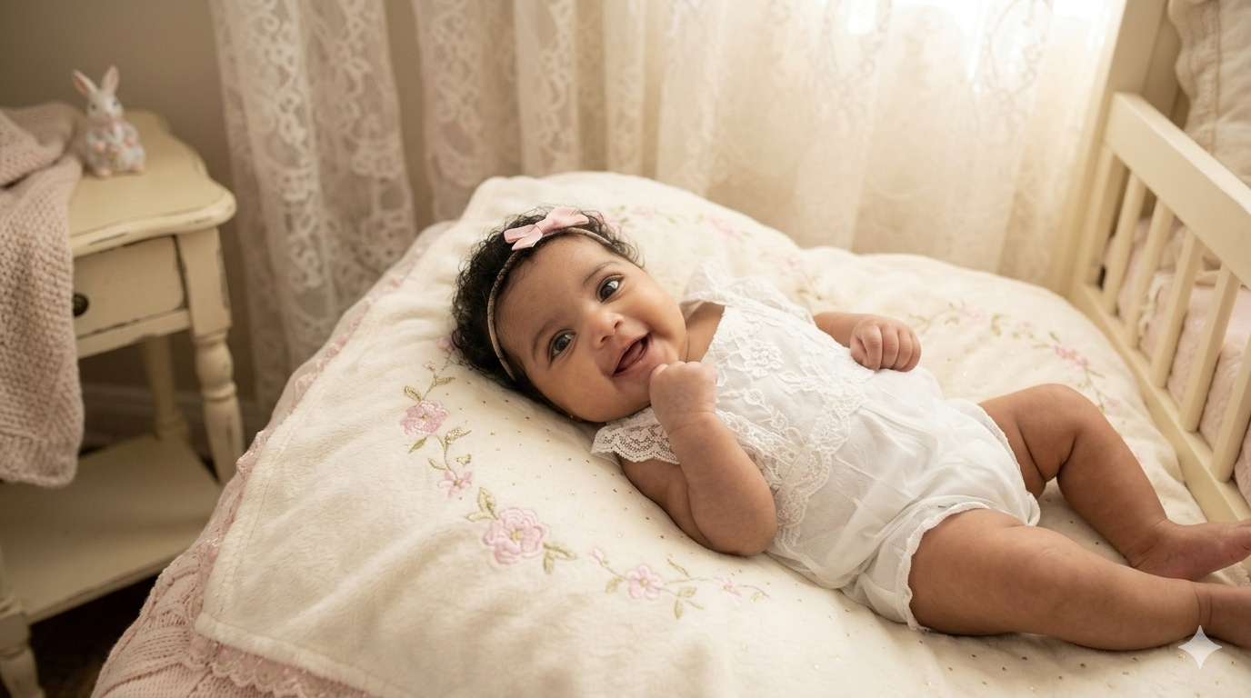 A smiling baby girl with dark curly hair and a pink headband lying on a bed in a bedroom decorated with lace curtains and floral bedding.