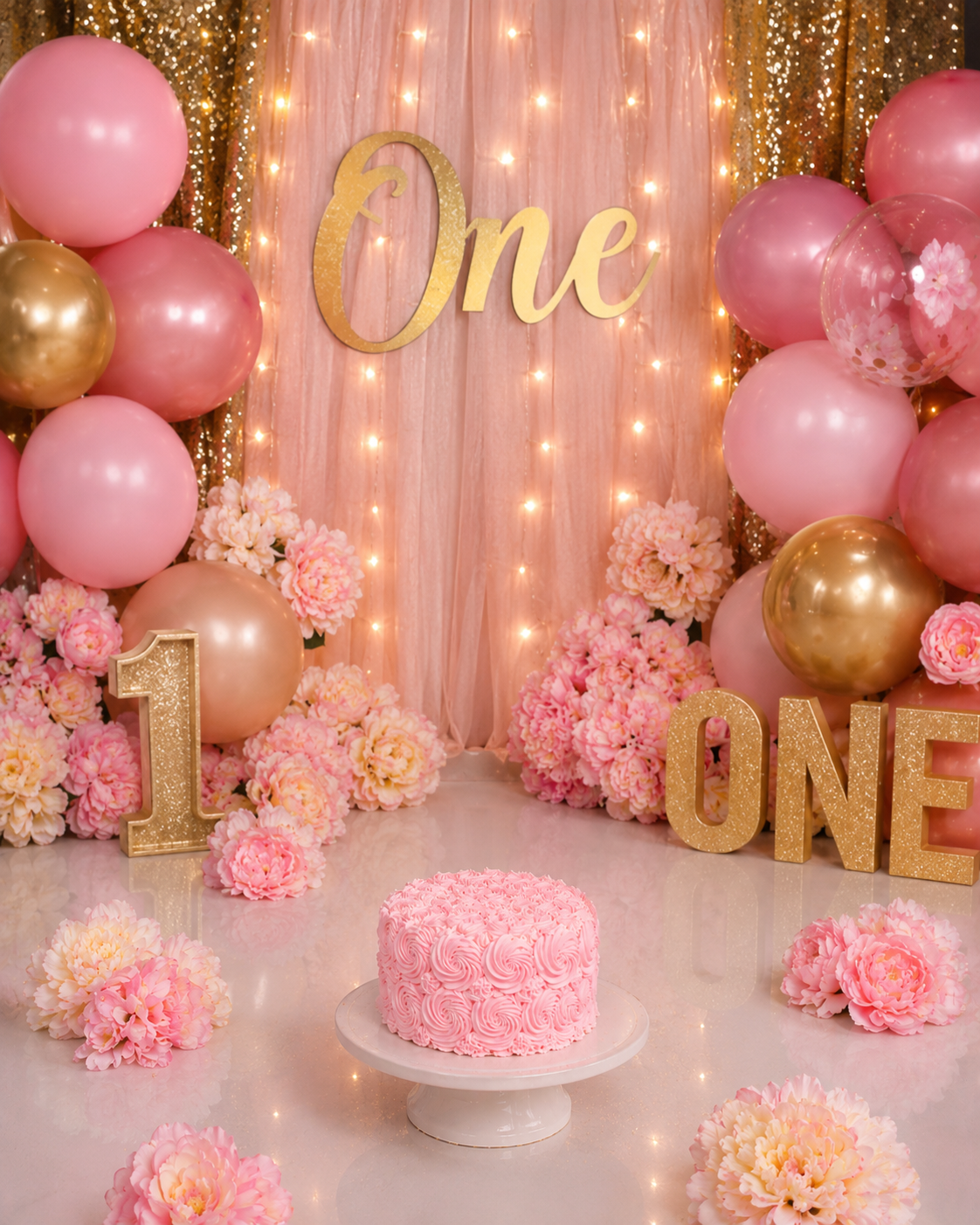 Decorative pink and gold birthday party setup with balloons, flowers, a pink cake, and a backdrop with a gold 'One' sign and string lights.