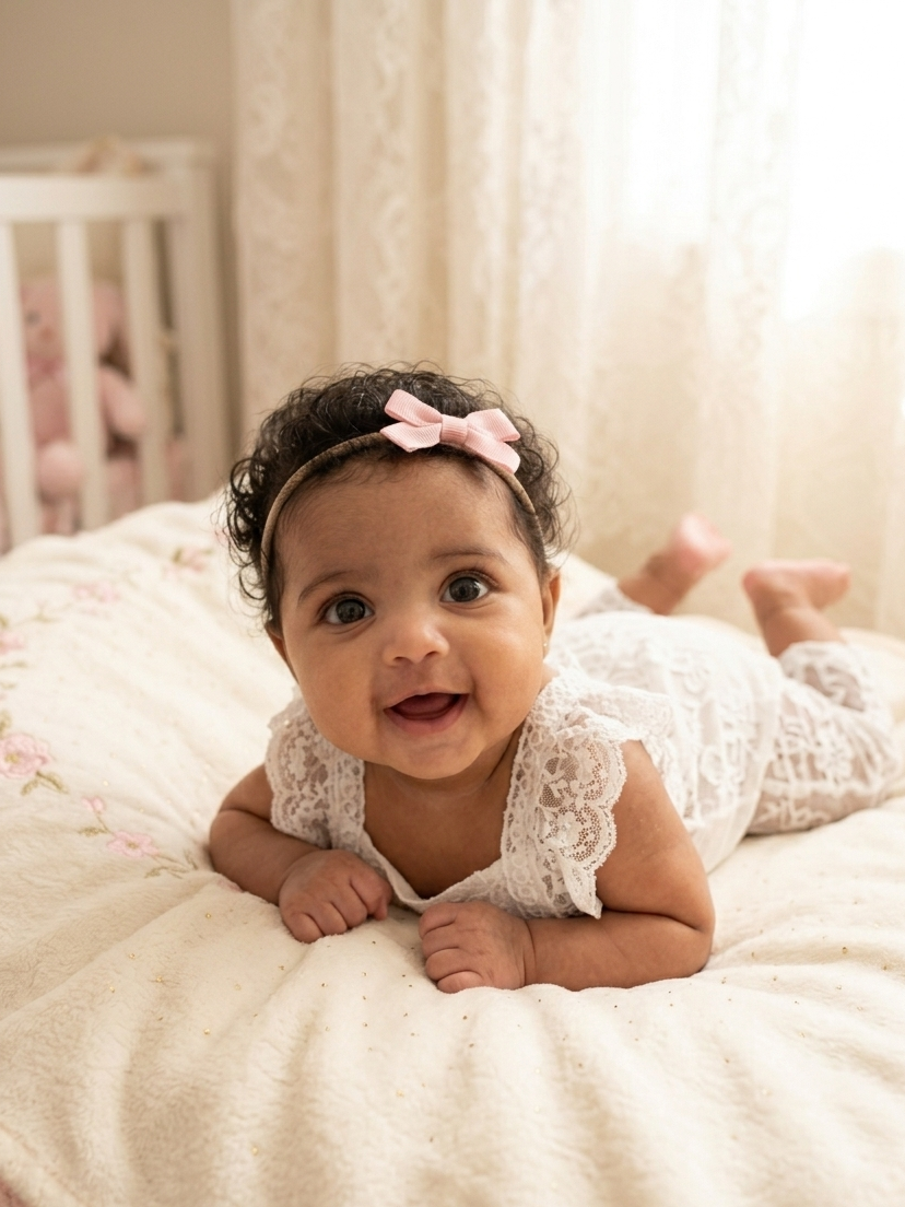 A smiling baby girl lying on her stomach on a bed, wearing a white lace outfit and a pink headband with a bow, with a crib in the background.