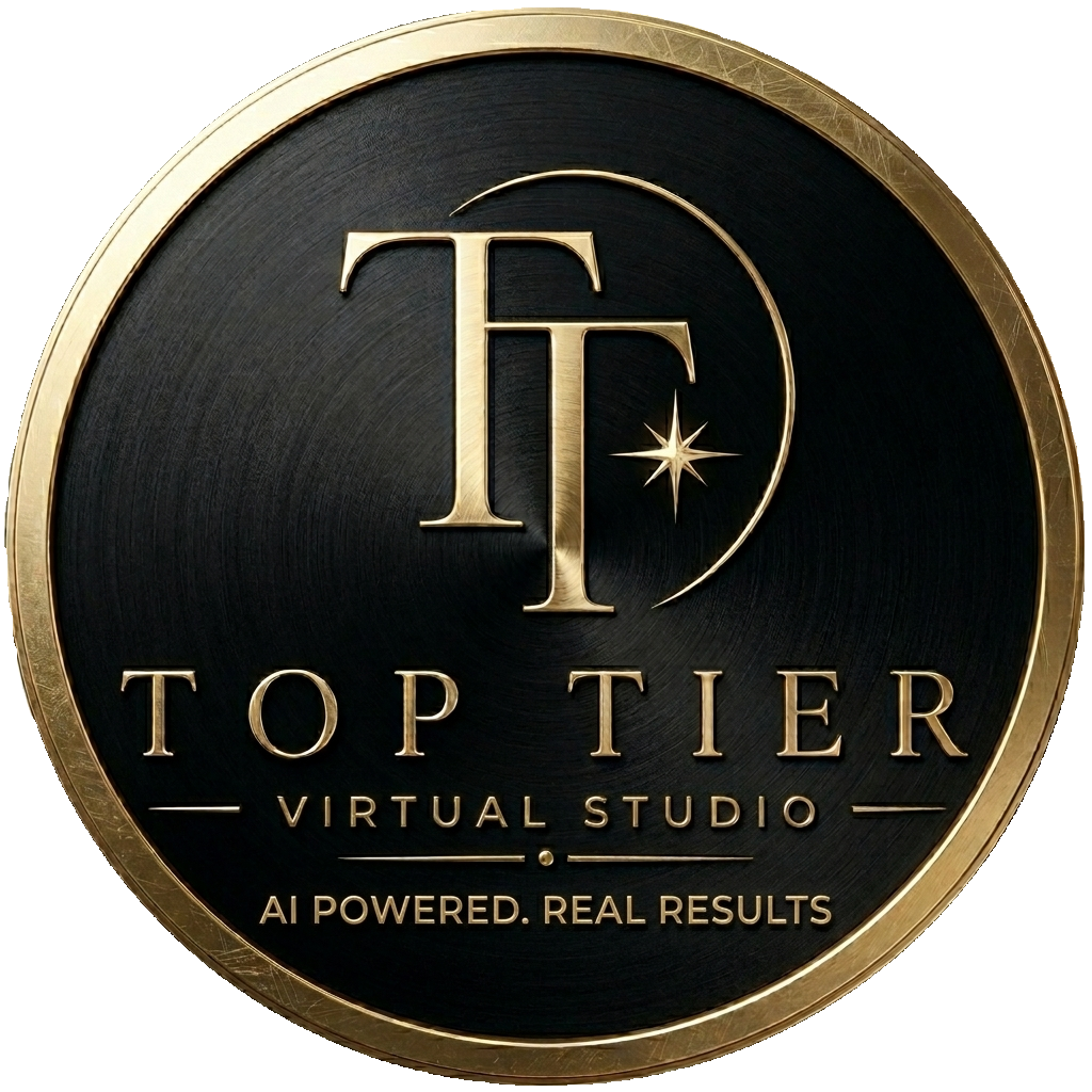 Logo for Top Tier Virtual Studio featuring gold and black color scheme, with initials 'TT' and the text 'Virtual Studio', 'AI Powered. Real Results'.