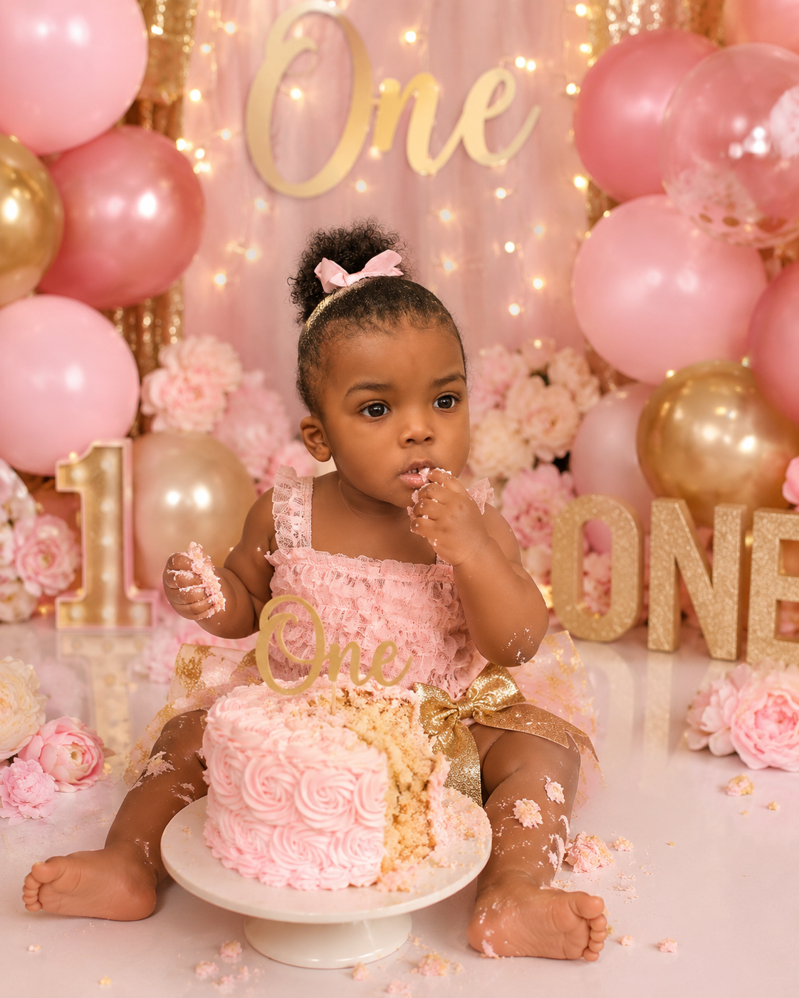 A young girl at her first birthday celebration, sitting in front of a pink and gold cake with a