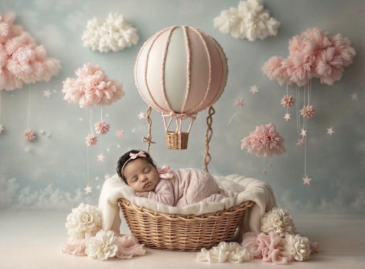 Sleeping baby girl in a wicker basket decorated for a photo shoot, surrounded by pink and white fluffy clouds and stars with a hot air balloon backdrop.