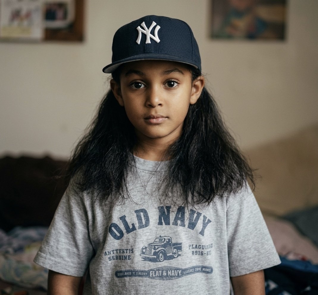 A young girl with long black hair wearing a navy baseball cap bearing the New York Yankees logo and a gray Old Navy T-shirt with a vintage truck graphic.