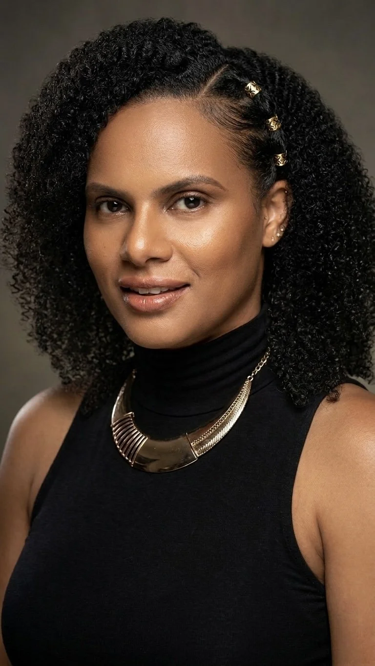 A woman with curly black hair styled with gold decorative hairpins, wearing a black sleeveless top, a black choker, and layered gold necklaces, looking at the camera against a neutral background.