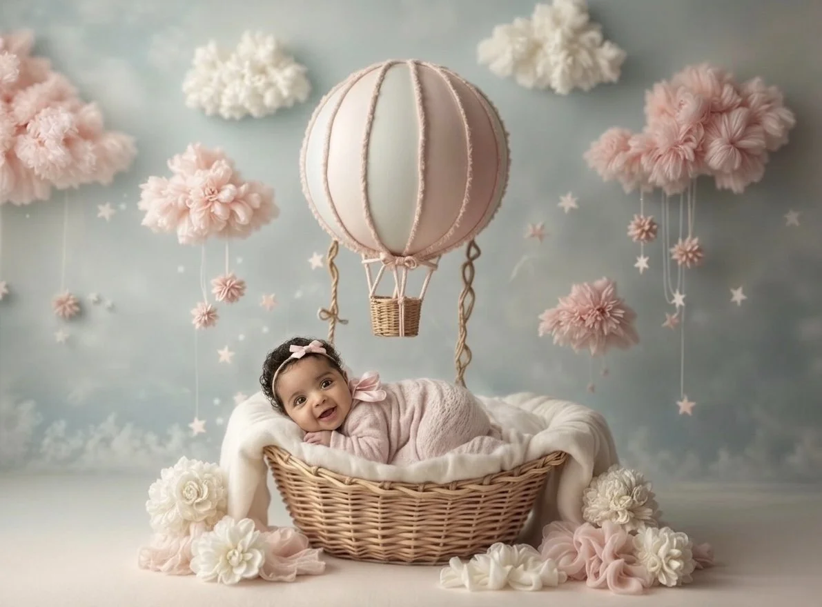 A happy baby girl in a pink dress lying in a wicker basket with plush padding, surrounded by decorative flowers and clouds, with a backdrop of pastel clouds, stars, and a hot air balloon hanging above.