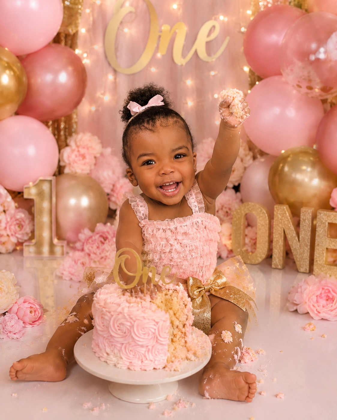 A smiling young girl celebrating her first birthday. She is sitting on the floor in front of a pink and gold decorated backdrop with balloons and flowers. She has half-eaten pink birthday cake with a gold "One" cake topper. She is wearing a pink ruff