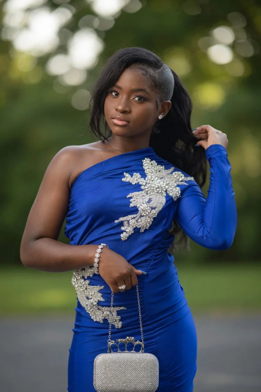 Young woman wearing a royal blue dress with silver embroidery, holding a small silver clutch purse, standing outdoors with blurred green trees in the background.