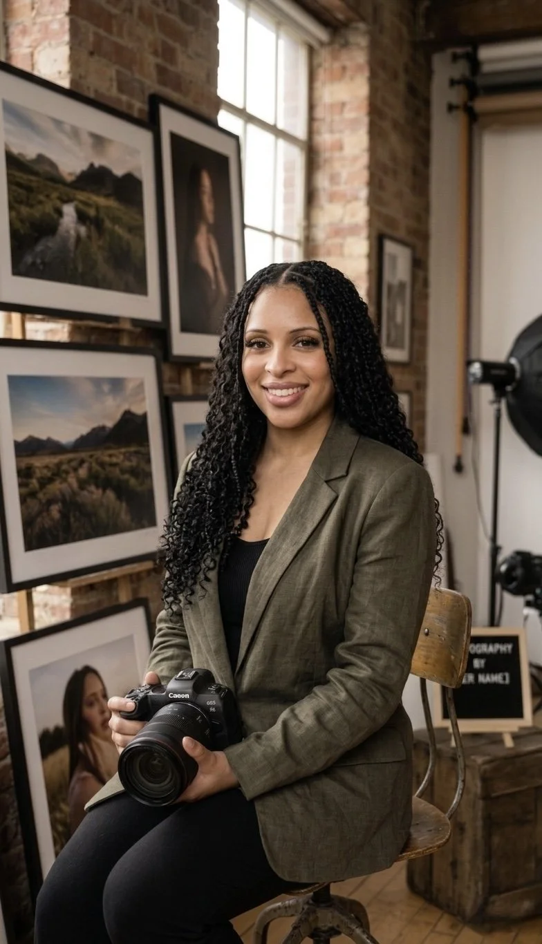A woman with curly black hair and a green blazer sitting on a vintage wooden chair in an art gallery, holding a Canon camera in her lap, with framed landscape and portrait photographs on brick wall behind her, natural light coming through a large window.
