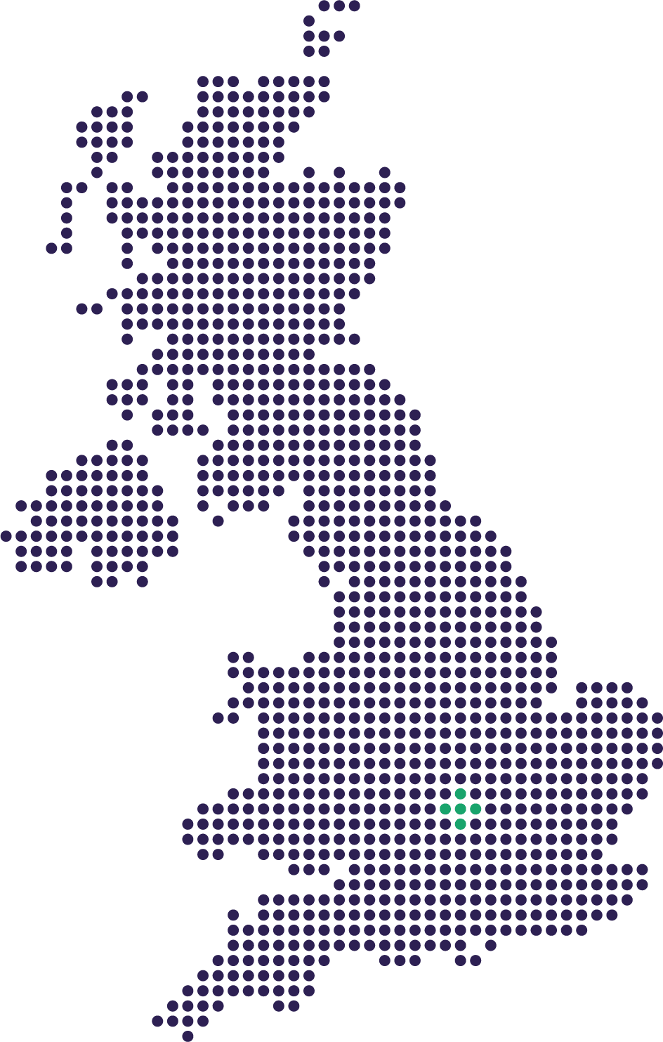 Stylized map of Ireland created with small purple dots on a black background, with a few green dots marking specific locations.