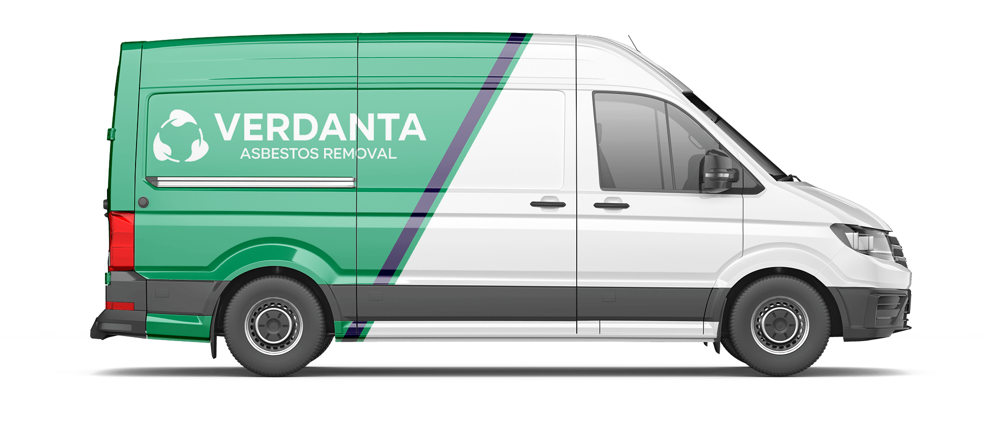 Side view of a white service van with green branding that reads "Verdanta Asbestos Removal" and a recycling symbol.