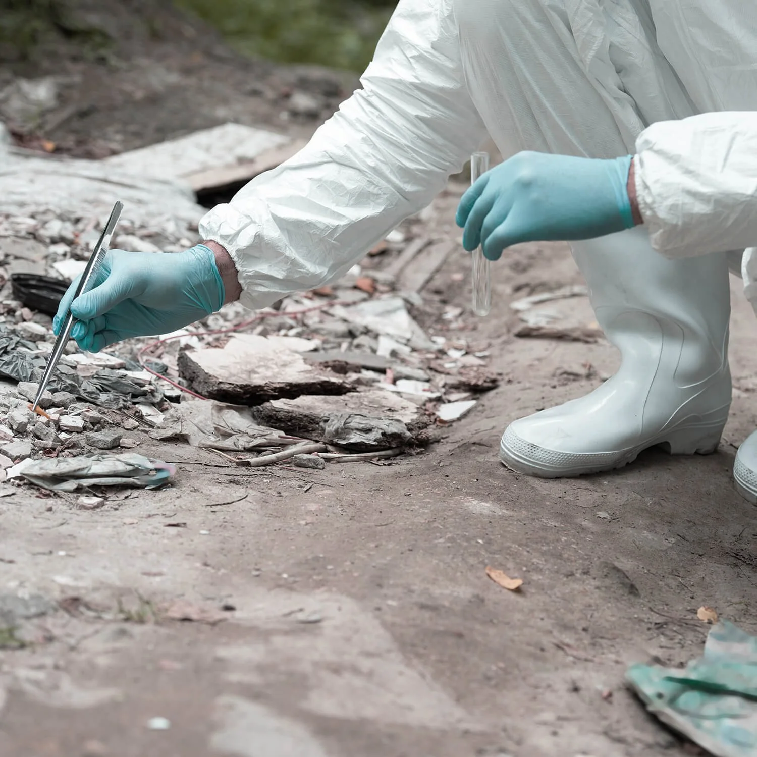 A person wearing white protective coveralls, blue gloves, and white rubber boots is collecting evidence or samples from a dirt ground filled with debris and trash. The person is kneeling and holding a test tube and a tool, likely at a crime or contamination scene.