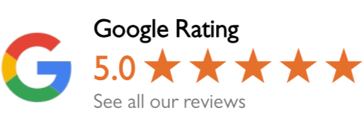 Google rating badge showing a 5.0-star rating with five orange stars, company name links, and a Google logo on the left.