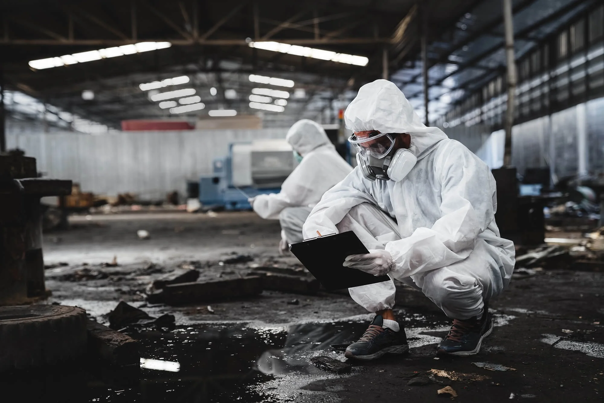 Workers in full protective suits and masks examining an area with dark mud and water inside a large industrial building.