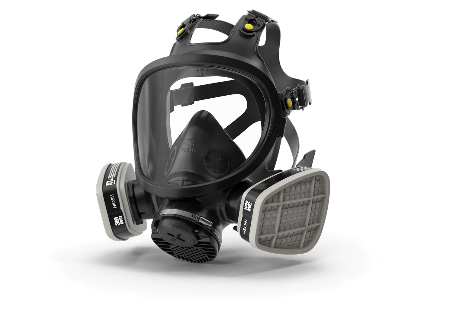 Black and gray full-face respirator mask with dual filters, set against a black background.