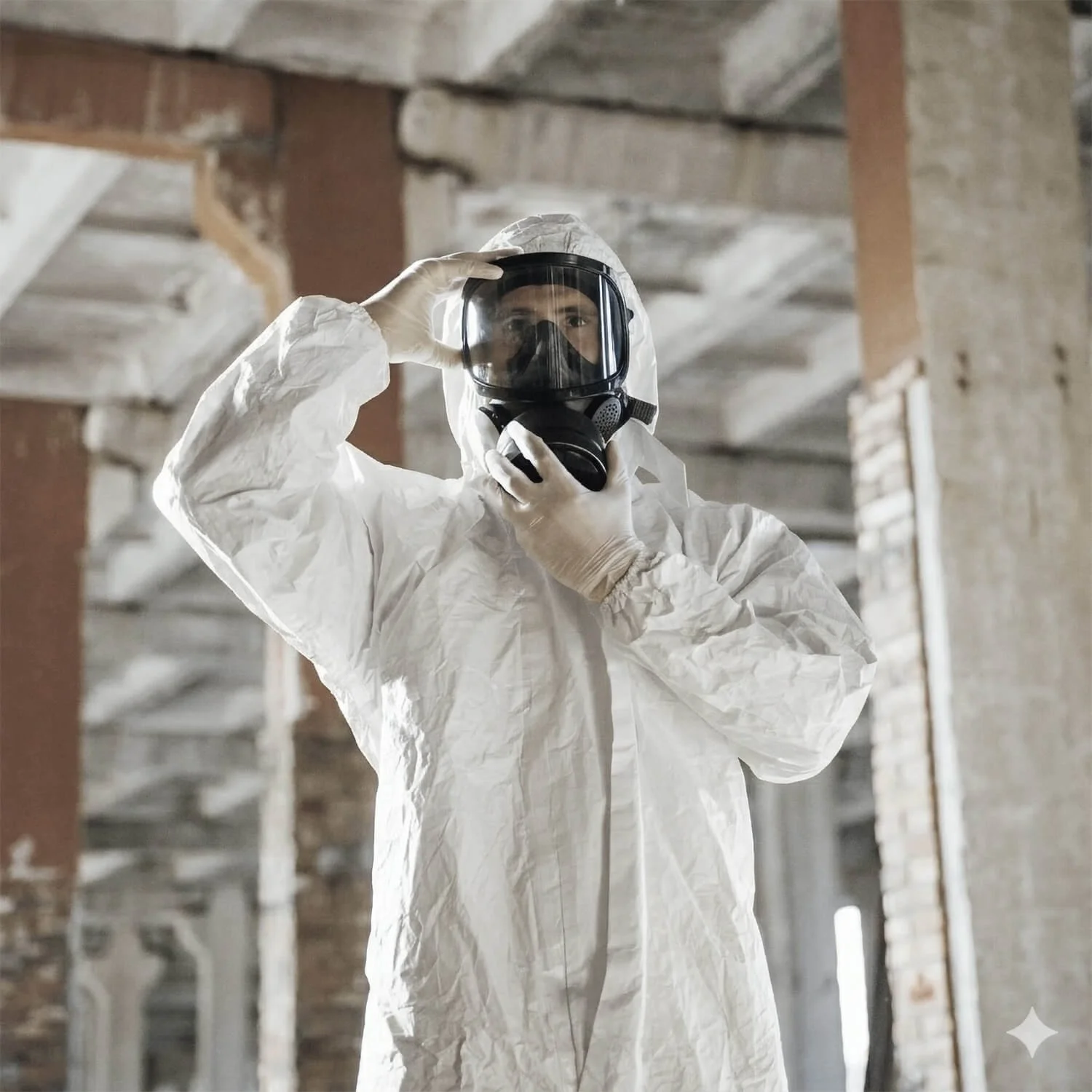 Person wearing a white hazmat suit, gloves, and a protective mask, adjusting their mask in an industrial or construction setting.
