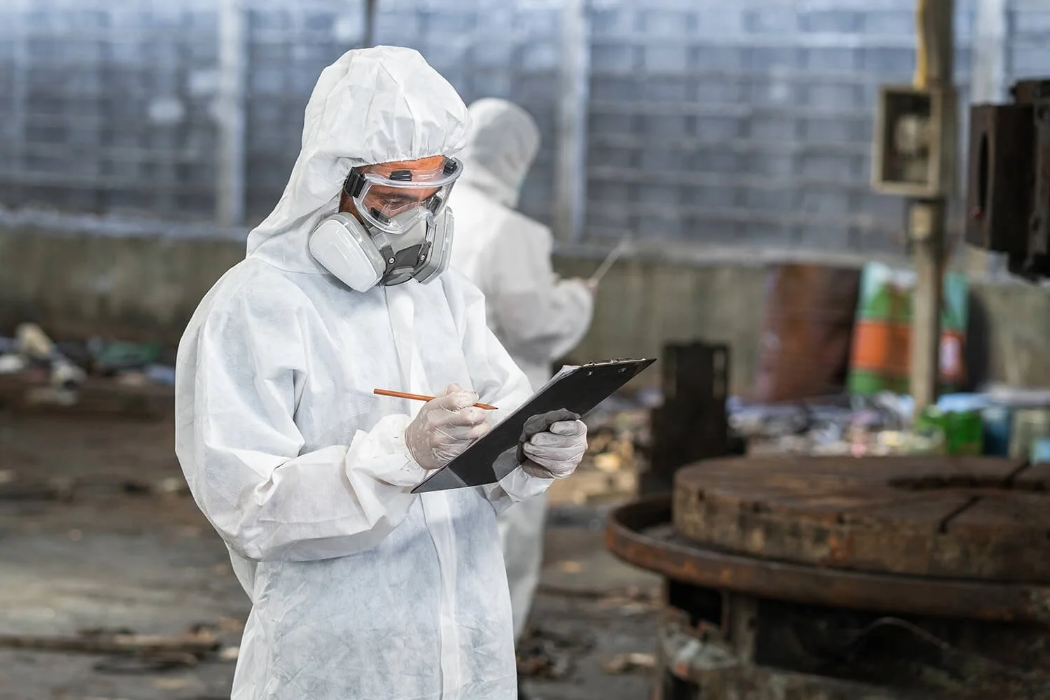 Person in protective suit writing on a clipboard in an industrial or construction setting with another worker in the background.