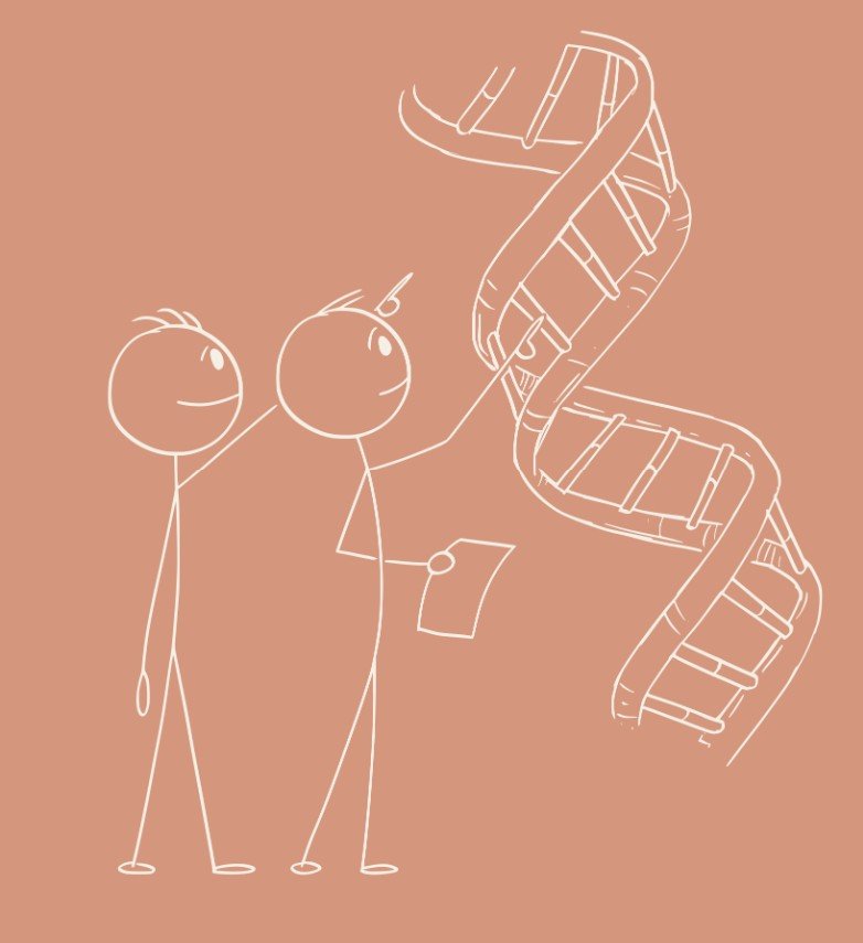 Two stick figures holding a document and pointing at a DNA double helix structure.
